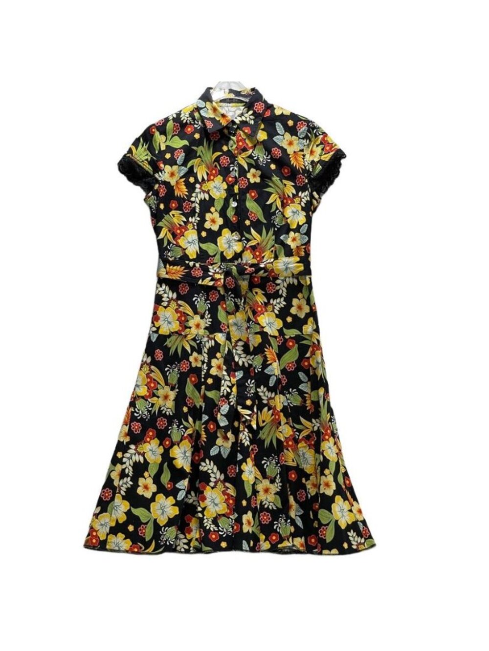 Floral Short Sleeve Collared A-Line Dress With Belt Size 10 By Id~Dio - Picture 9 of 16